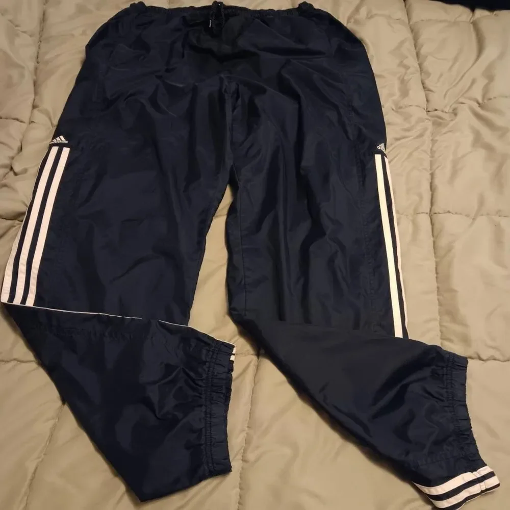 Adidas Mens Large Vintage Blue Windbreaker Track Pants 2004 Zipper Legs 3 stripe